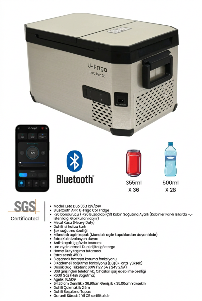 Leto Duo 35 L Araç Buzdolabı | Çift Kabinli 12V/24V Kompresörlü Oto Buzdolabı, Bluetooth Kontrollü, -20°C Dondurucu