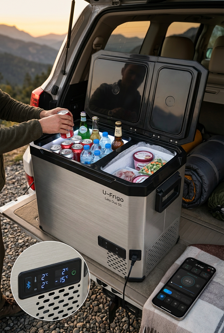 Leto Duo 55 L Araç Buzdolabı | Çift Kabinli 12V/24V Kompresörlü Oto Buzdolabı, Bluetooth Kontrollü, -20°C Dondurucu