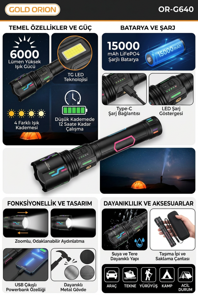 OR-G 640 Profesyonel Şarjlı El Feneri – 6000 Lümen, 15000 mAh, Zoomlu, Powerbank