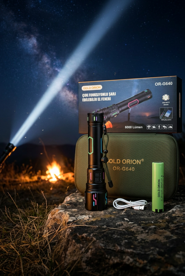 OR-G 640 Profesyonel Şarjlı El Feneri – 6000 Lümen, 15000 mAh, Zoomlu, Powerbank