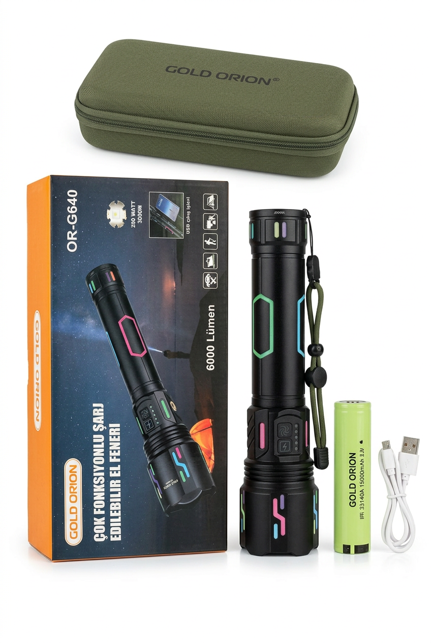 OR-G 640 Profesyonel Şarjlı El Feneri – 6000 Lümen, 15000 mAh, Zoomlu, Powerbank