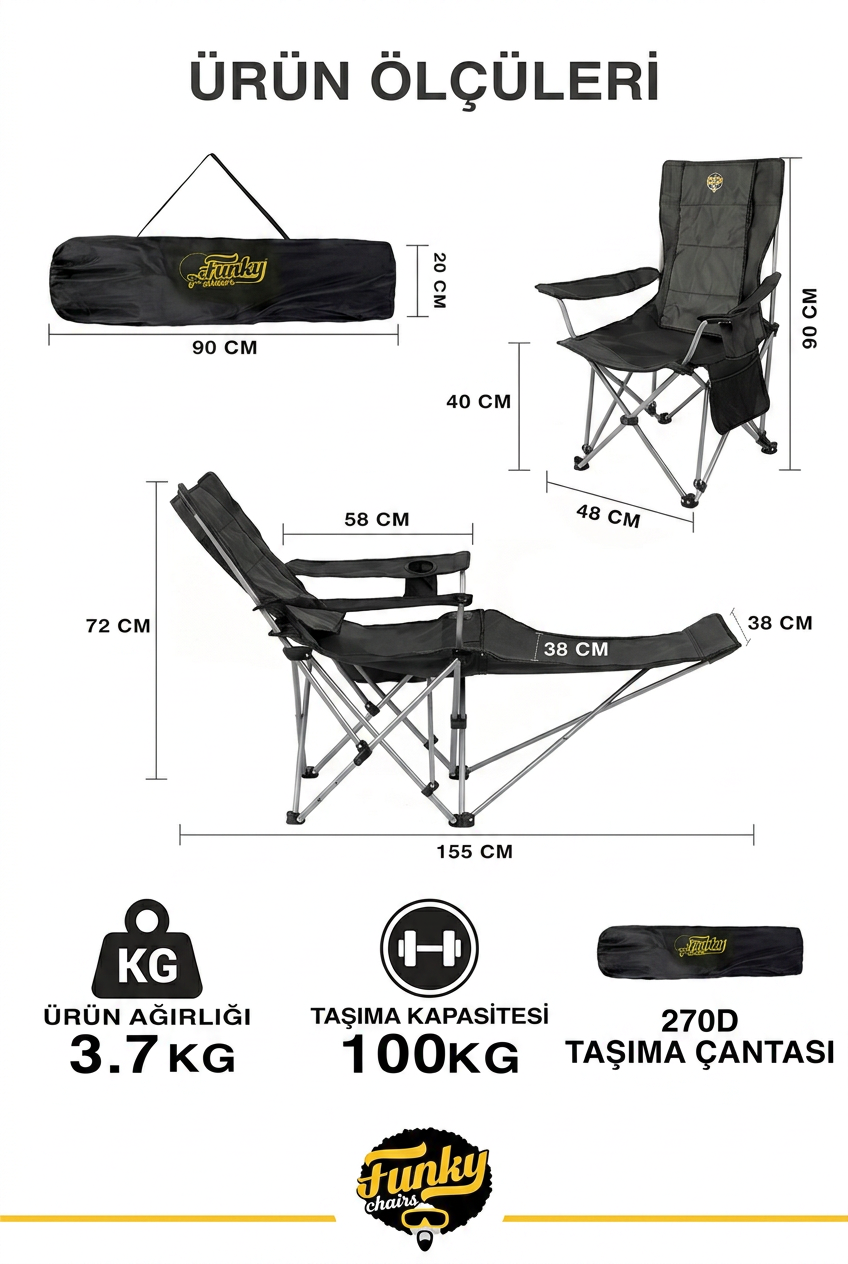Lazy 4 Yatabilen Kamp Sandalyesi | Ayak Uzatmalı, 3 Kademeli, 100 Kg