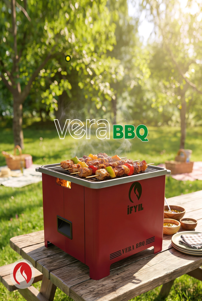 Vera Pelet Yakıtlı Döküm Izgaralı Mangal & Barbekü – Bordo | 6–8 Kişilik, 2 Kg Pelet Hediyeli