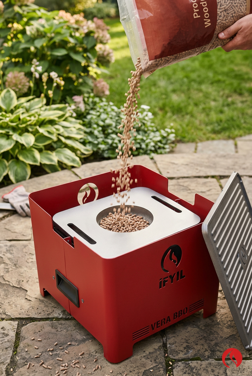 Vera Pelet Yakıtlı Döküm Izgaralı Mangal & Barbekü – Bordo | 6–8 Kişilik, 2 Kg Pelet Hediyeli